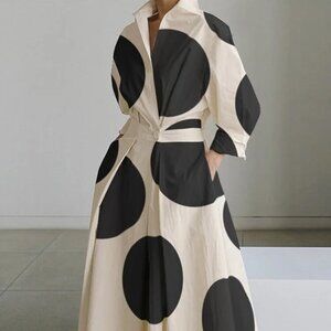 Long Sleeves Loose Contrast Color Pleated Polka-Dot Tied Waist Lapel Shirt Dress
